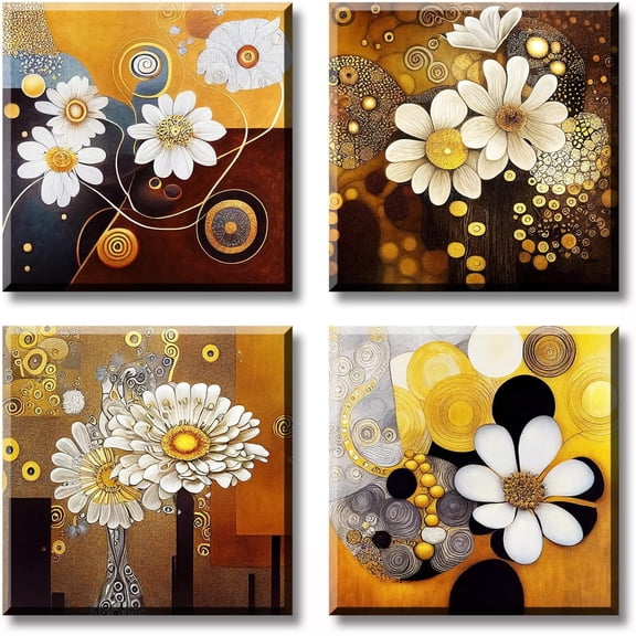 White and Gold Wall Art for Living Room Canvas Prints Abstract Flower Pictures Wall Decor Modern Bedroom Office Home Artwork Accessories 12"X12"X4