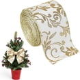 thumbnail image 1 of Christmas Wired Ribbon for Tree, Wreath and Gift Wrapping, White Linen-Style Ribbon with Gold Metallic Accents, 1 of 5