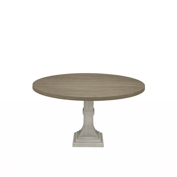 White and Gray Round Pedestal Dining Table, 59 Inch Farmhouse Kitchen Table with Distressed Top