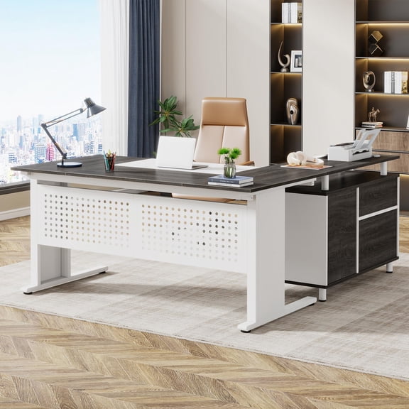 White and Gray Tribesigns 63 Inch L Shaped Executive Desk with File