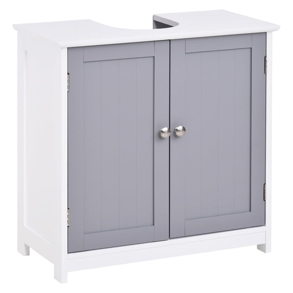 White and Gray Under Sink Bathroom Vanity / Added Storage for Hygiene and Cleaning Products