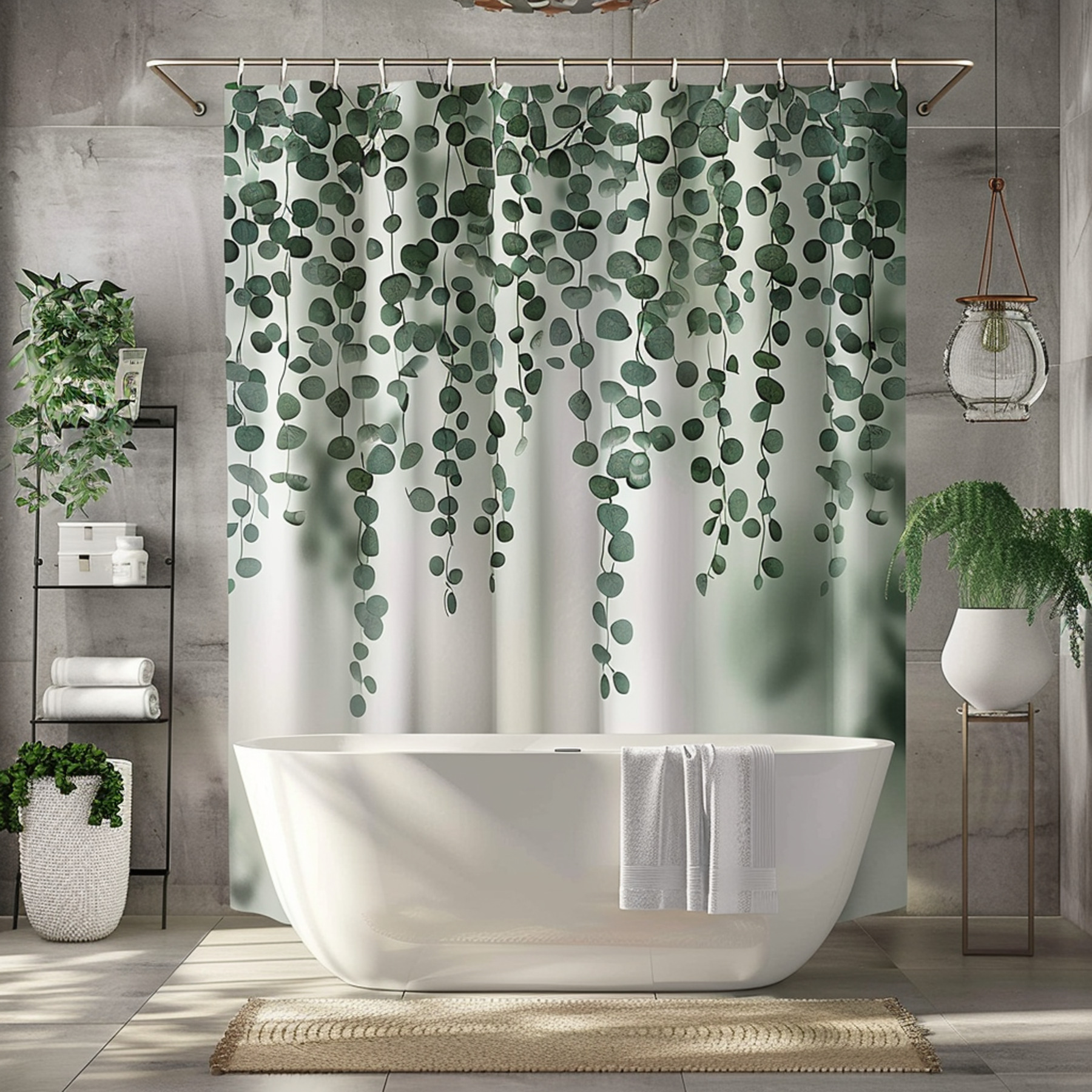 White and Green Eucalyptus Leaf Bathroom Shower Curtain Botanical Design with Gray Walls and