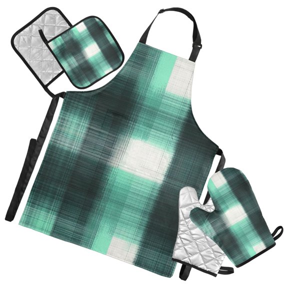 White and Green Fuzzy Grid Oven Mitts and Pot Holders with Chef Apron Set 5 Pcs Kitchen Cooking Set