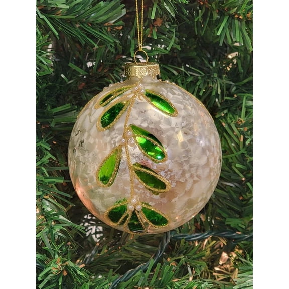 Wizardi Glass Christmas Ornament White and Green Glitter Leaf F07M7-29-LH76-23081
