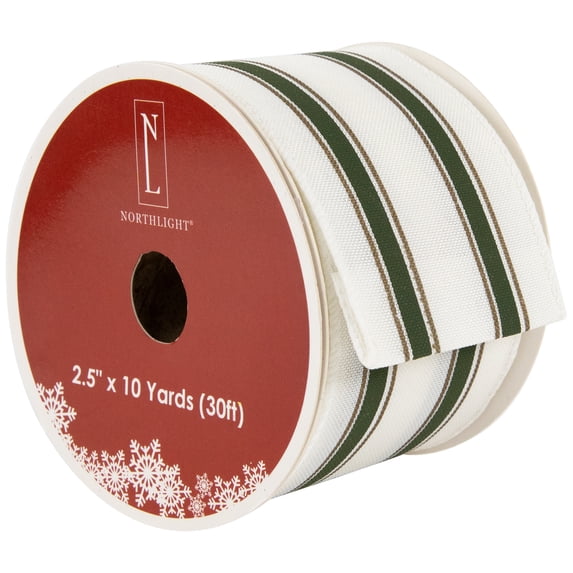 Northlight White and Green Striped Wired Craft Ribbon 2.5" x 10 Yards