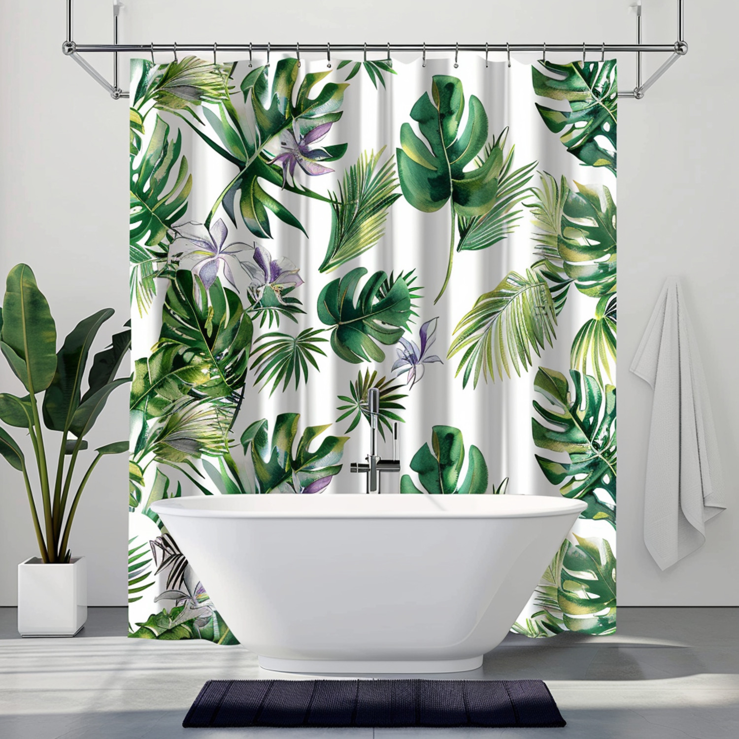 White and Green Tropical Rainforest Shower Curtain with Leaves and