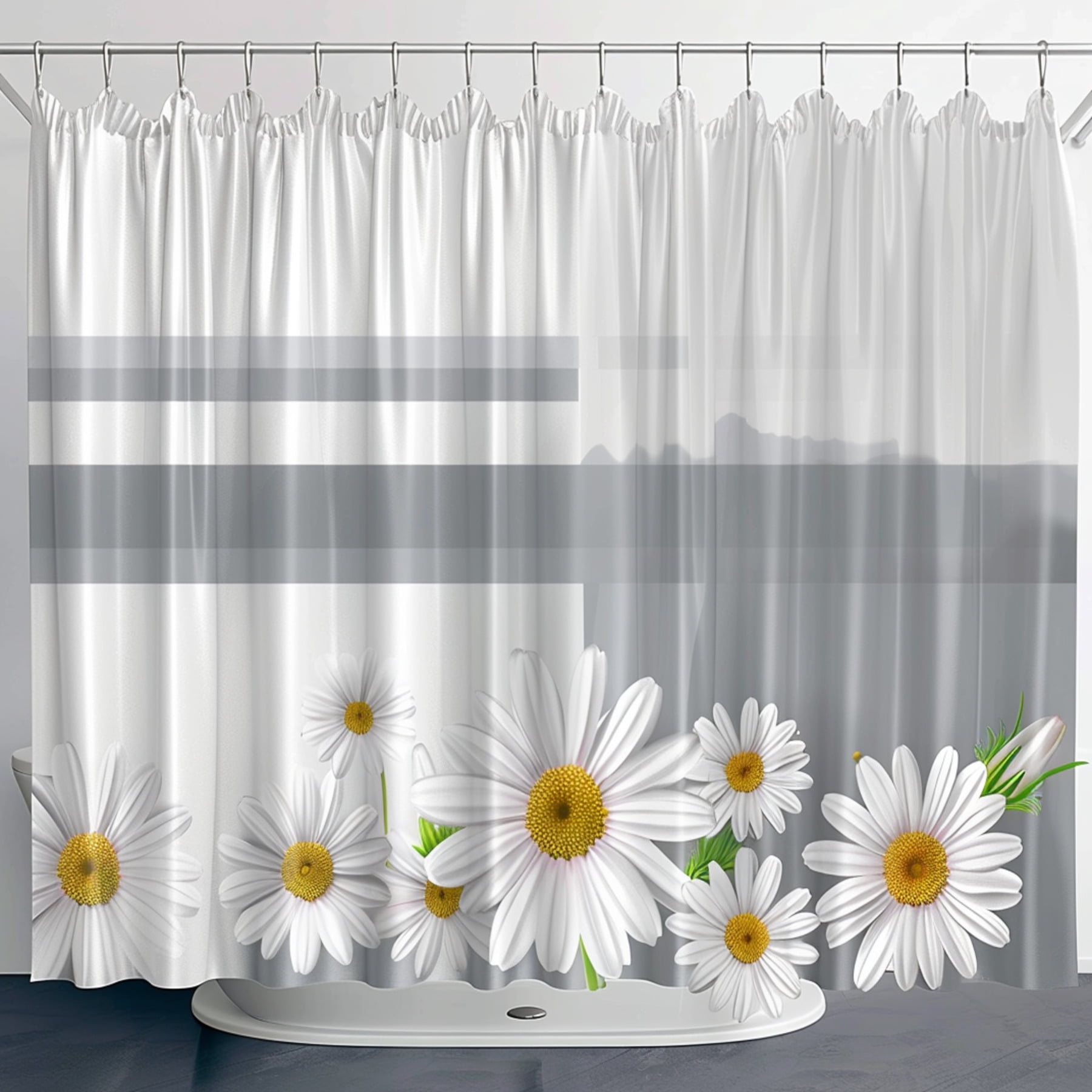 White and Grey Striped Bathroom Shower Curtain with Daisy Flower Design