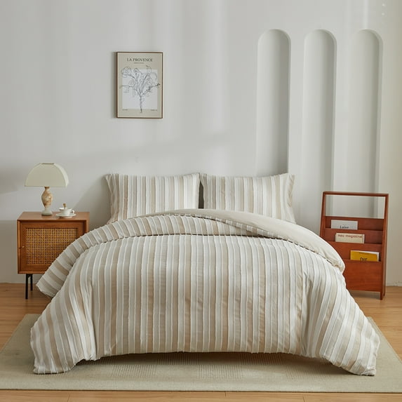 White and Khaki Boho Duvet Cover Queen Size Striped Tufted Duvet Cover Set Textured Bedding Set