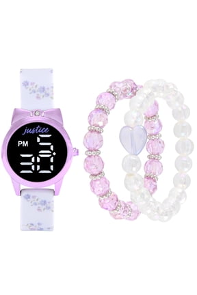 Girls White Floral Printed Silicone Strap Watch with Purple Metallic Bow Shaped Case & Matching Stretch Bracelets; JSE40312WM