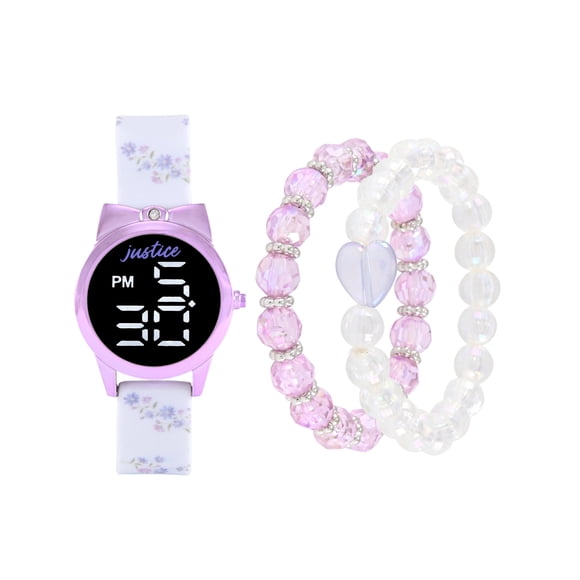 Justice Girls White Floral Printed Silicone Strap Watch with Purple Metallic Bow Shaped Case & Matching Stretch Bracelets; JSE40312WM