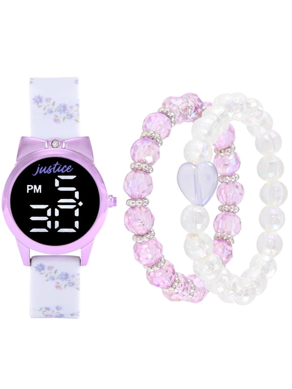Girls White Floral Printed Silicone Strap Watch with Purple Metallic Bow Shaped Case & Matching Stretch Bracelets; JSE40312WM