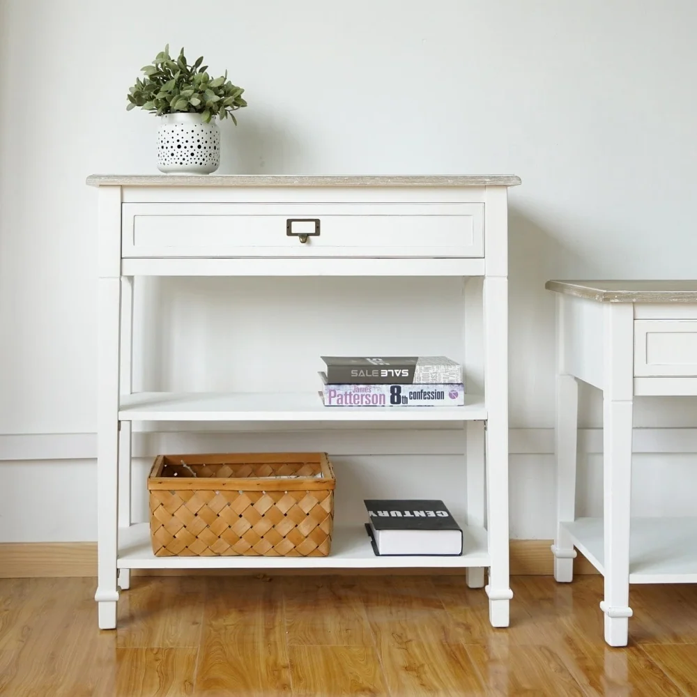 Practical Tabletop White and Light Brown Simple Console Table with Single Drawer and ...