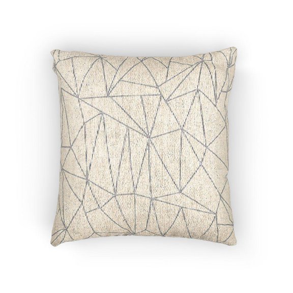 White and Light Gray Linear Geometric Polygon Woven Pillow, Cotton-Polyester Shell, Minimalist Home Accent