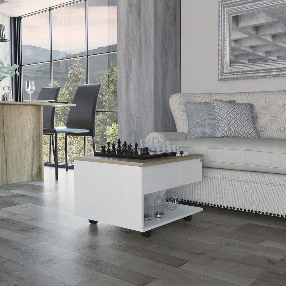 White and Light Oak Lift Top Coffee Table with 1 Drawer and 1 Shelf ...