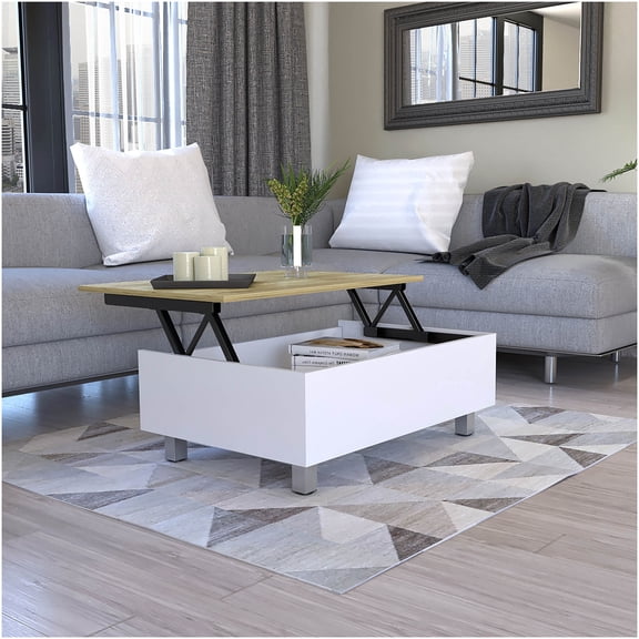 White and Light Oak Lift Top Coffee Table with Storage, Annapolis Style