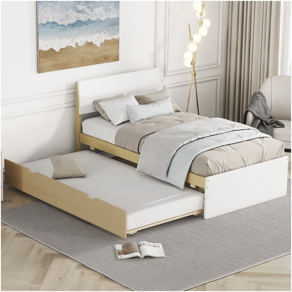 White and Light Oak Twin Size Platform Bed with Pull Out Trundle, High Gloss Finish Frame with Hidden Storage, No Box Spring Needed