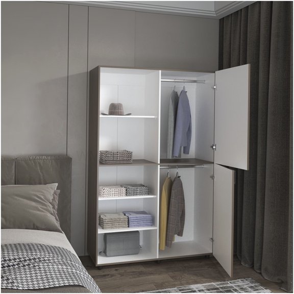 White and Mahogany Freestanding Armoire with Hanging Rod, Compact Bedroom Wardrobe Organizer