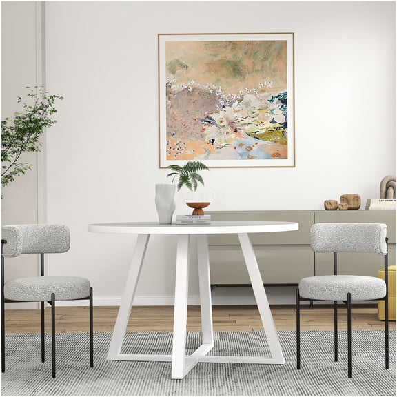 White and Multi 3-Piece Round Dining Set with Trestle Table & Boucle Chairs for Small Space