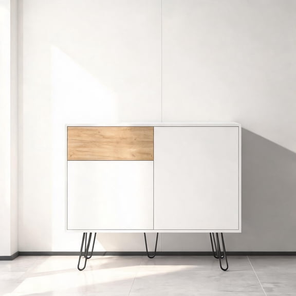 White and Natural Oak 39-Inch Console Table with Concealed Storage for Hallway, Modern Style