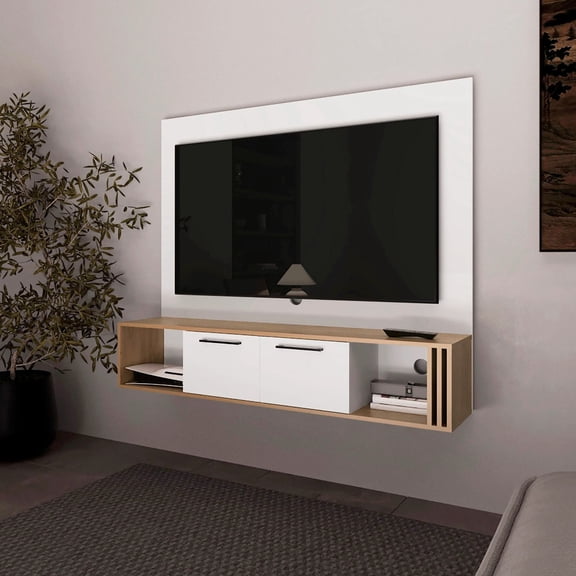 White and Natural Oak Design, Four Shelf Storage for Home Organization / Cable Management, Modern Versatility