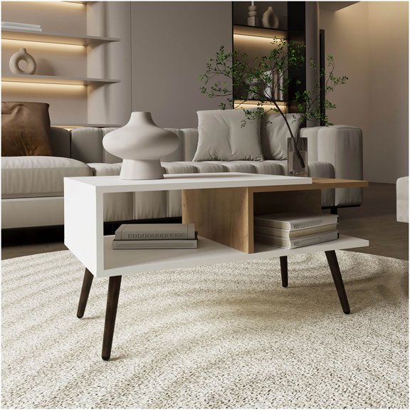 White and Natural Oak Modern Coffee Table with 2 Shelves for Living Room