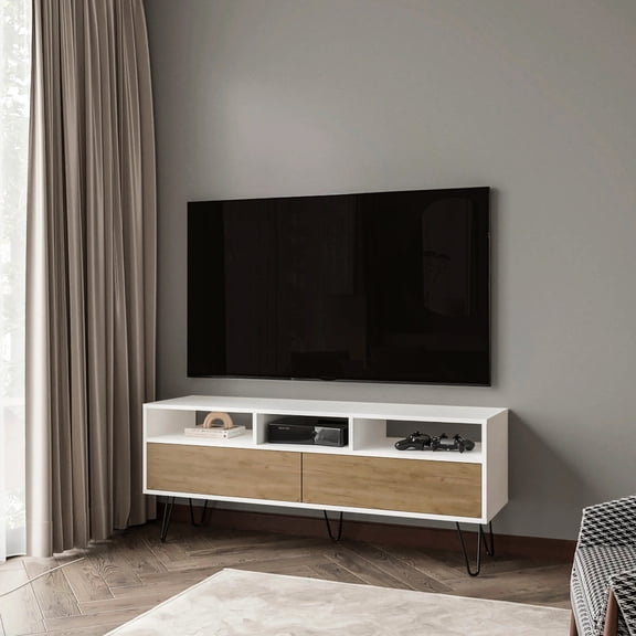 White and Natural Oak Style - Open Storage for Convenience - Bedroom TV Setup - Rustic Charm