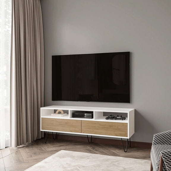 White and Natural Oak TV Stand Rustic Charm Meets Modern Style for Home Storage