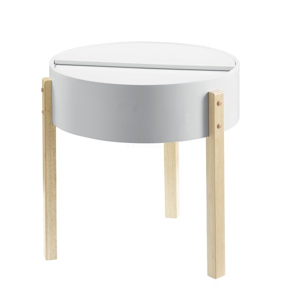 White and Natural Round End Table with Hidden Storage, Modern Side Table for Living Room