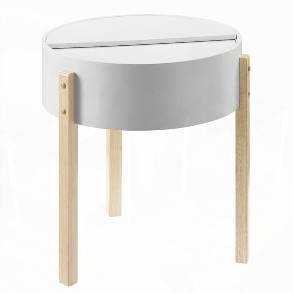 White and Natural Round End Table with Hidden Storage for Living Space