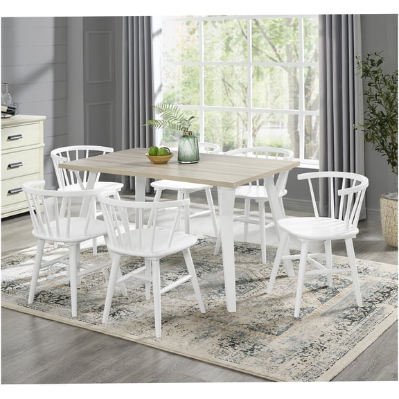 White and Natural Wood 7-Piece Dining Set with Table and 6 Windsor Chairs for Modern Dining Room