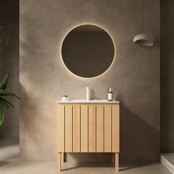 White and Natural Wood, No Dead Corners Basin - Sturdy Cabinet Structure - Bathroom Storage Solution - Quiet Closing Doors