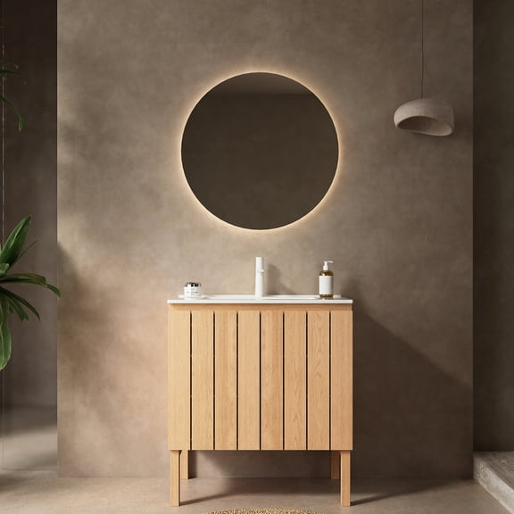 White and Natural Wood, No Dead Corners Basin - Sturdy Cabinet Structure - Bathroom Storage Solution - Quiet Closing Doors