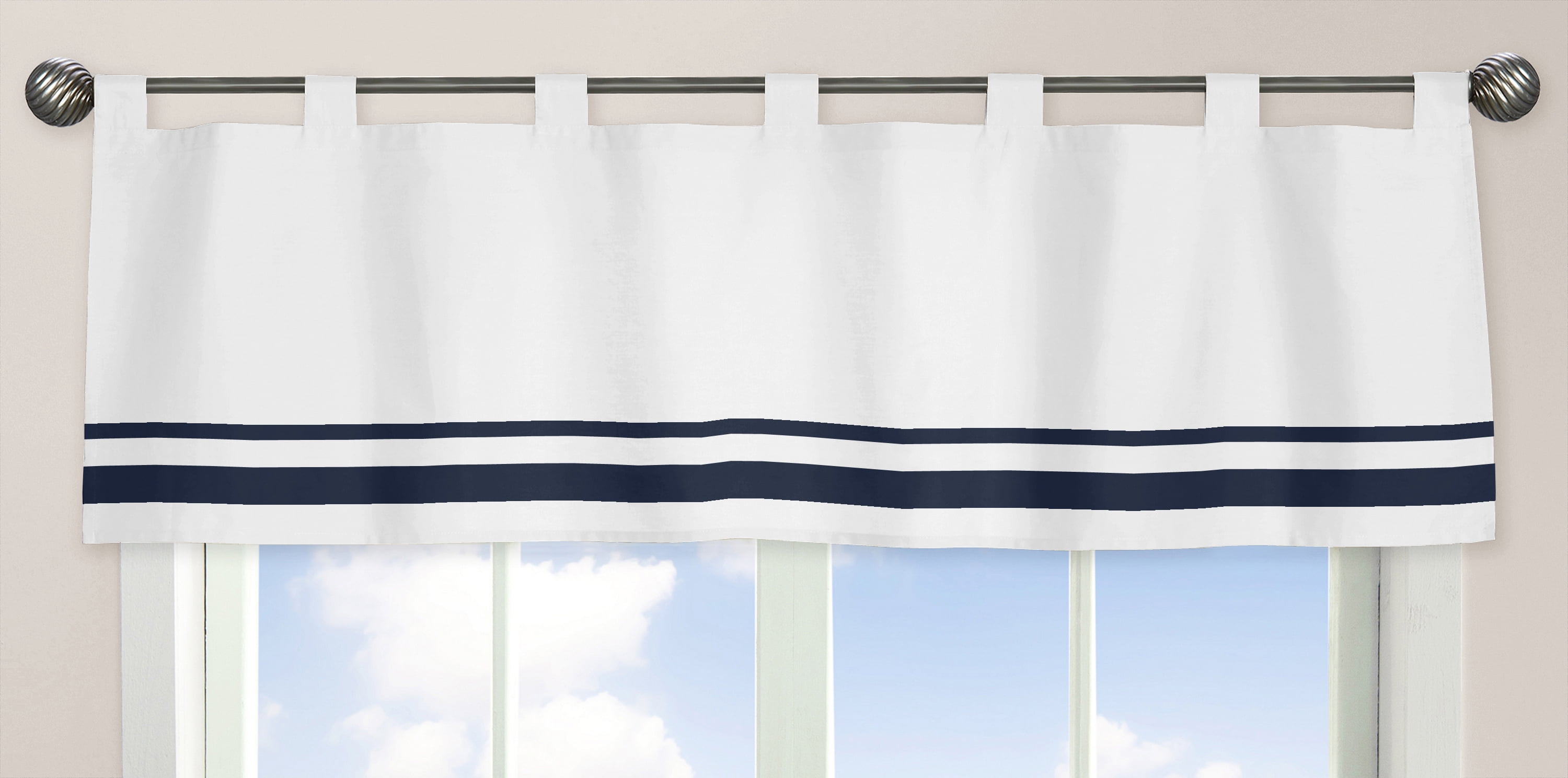 White and Navy Cotton Tab Top Window Valance