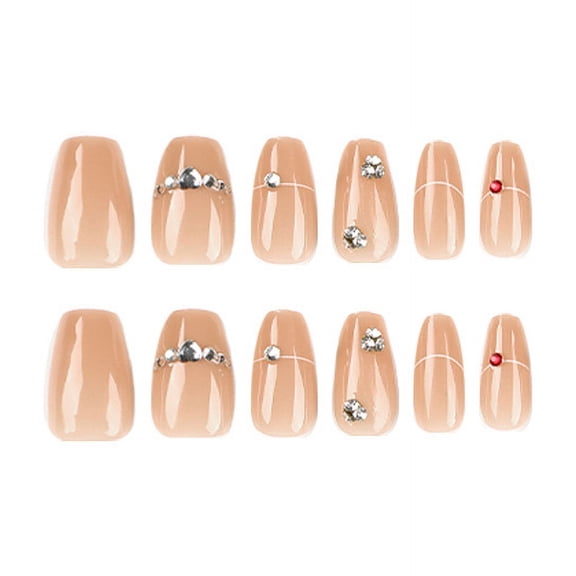 White and Nude Beige Geometric Press on Nails, Medium Square Glossy Fake Nails with Rhinestone Accents, 24 Count