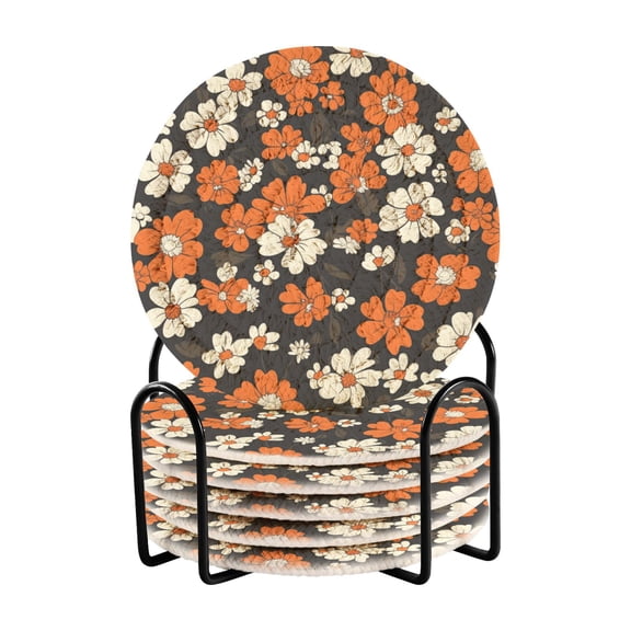 White and Orange Daisy Flowers Drinking Coasters Cup Mat with Holder for Kitchen Cafe Bar 6 Packs