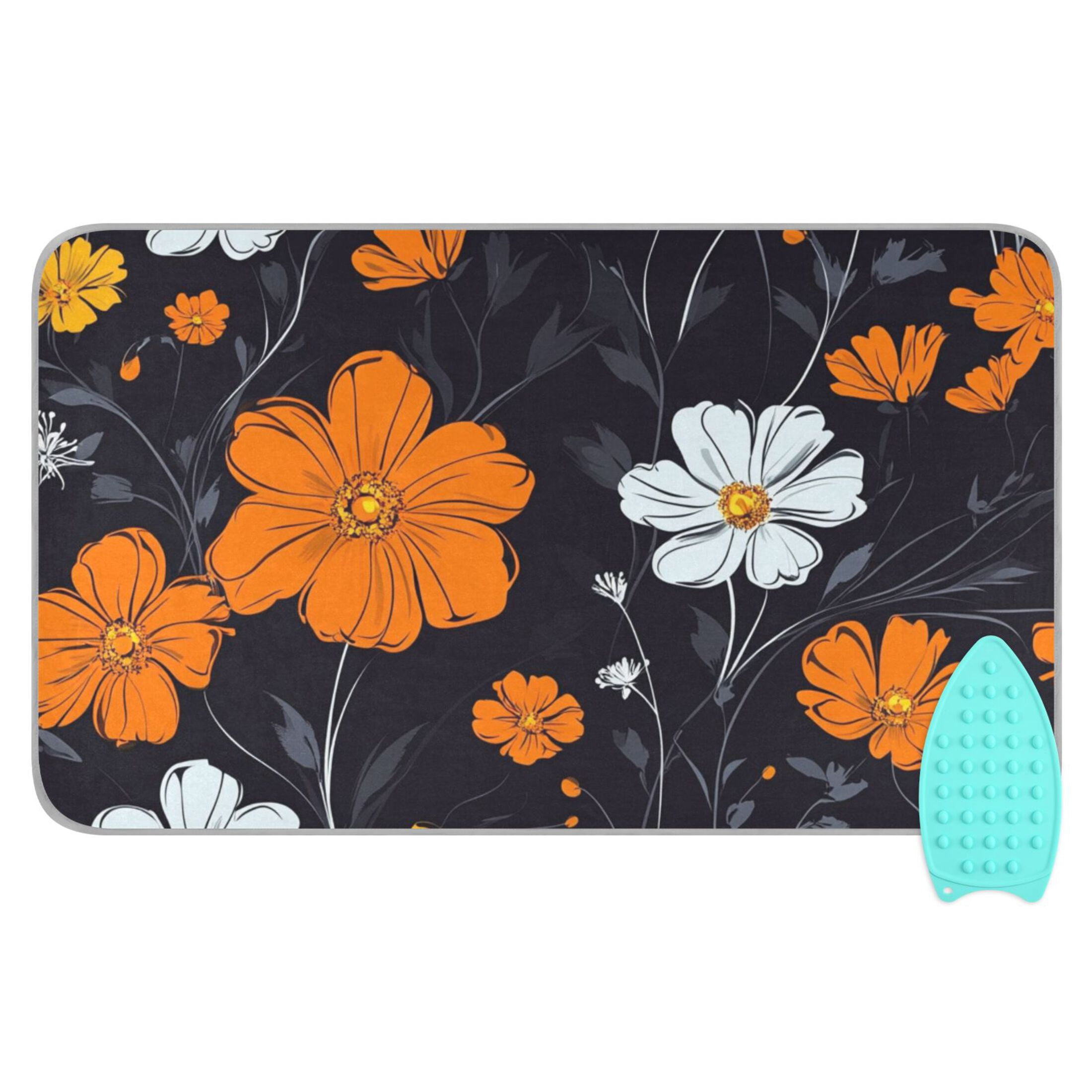 White and Orange Wildflowers Ironing Mat Blanket for Table Top Travel Portable Ironing Board Pad 47.2x27.6 Inch