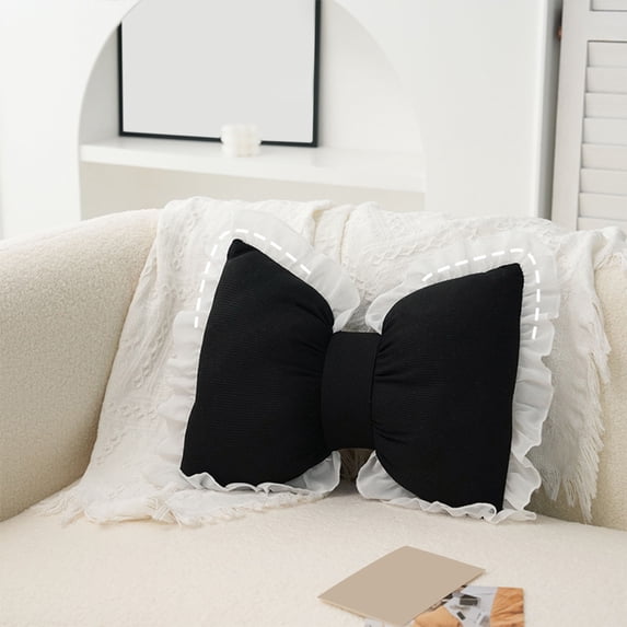 White and Pink Bow Shaped Decorative Pillow with Ruffled Edge for Sofa Bed and Car Backrest Support