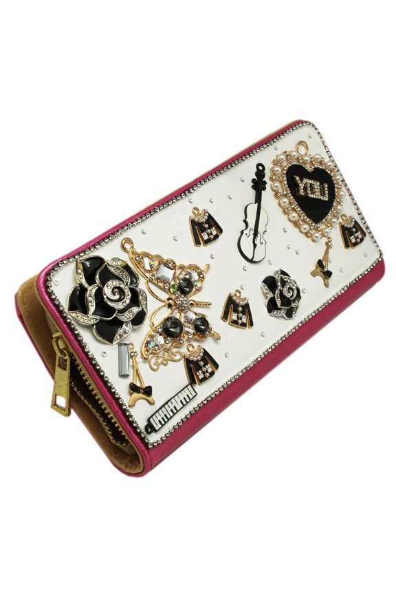 White and Pink Colored Bedazzled Charm Long Zipper Wallet