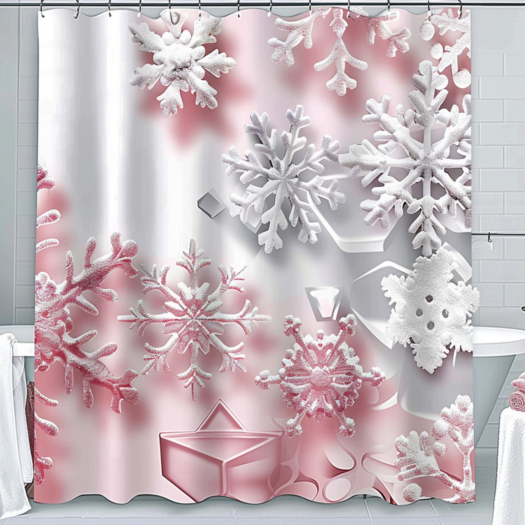 White and Pink Snowflake Shower Curtain Pink and Silver Bathroom Decor