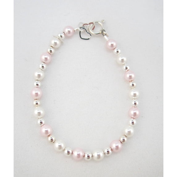 White and Pink Swarovski Pearls with Sterling Silver Mini Beads Bracelet