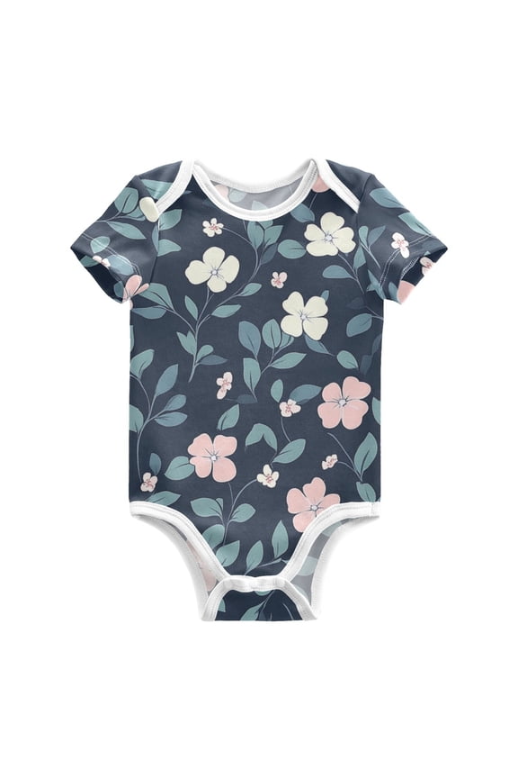 White and Pinkish Florals Leaves Pure Cotton Bodysuit Short Sleeve Pajamas One-Piece Romper Unisex 2T