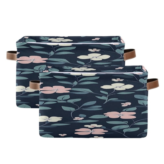 White and Pinkish Florals Leaves Square Storage Bins with Handles Collapsible Containing Box 2 Packs