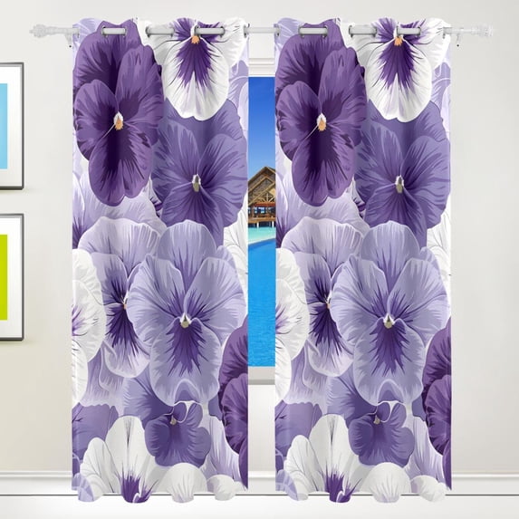 White and Purple Flowers Black Out Curtains 84 Inch Length for Bedroom Living Room Windows 2 Panels Set
