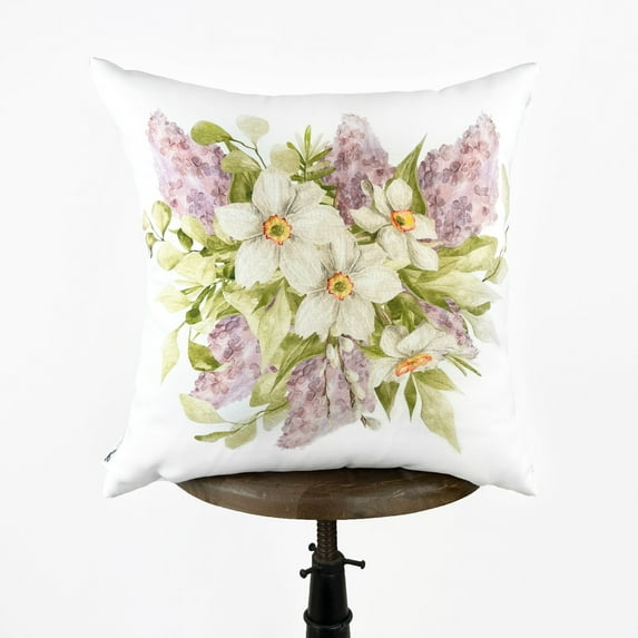 White and Purple Flowers Green Leaves | Spring Décor | Easter Decorative Pillow | Farmhouse Décor | Hand-Made Throw Pillow | UniikPillows