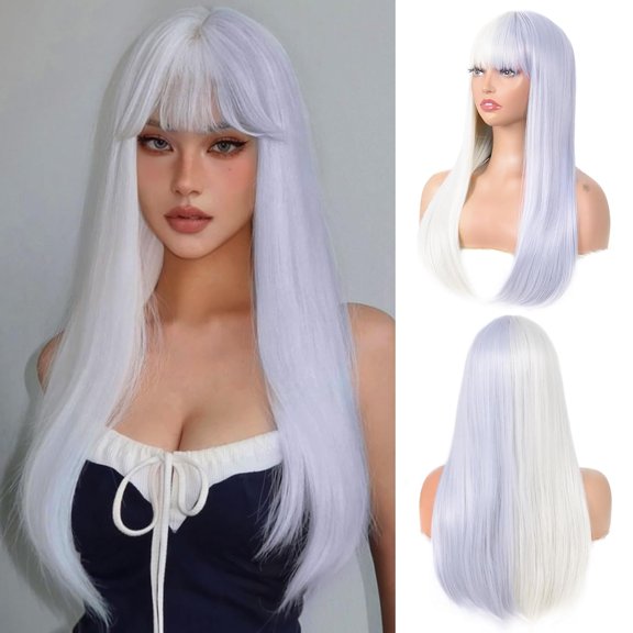 White and Purple Wig Long Straight with Bangs Split Dye Wig for Women