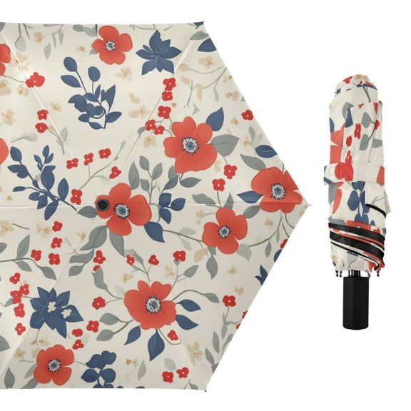 White and Red Flowers Leaves All Weather Umbrella Triple Folding Parasol 6 Ribs UV Protection Portable
