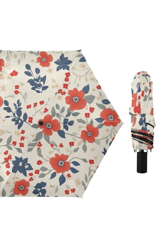 White and Red Flowers Leaves All Weather Umbrella Triple Folding Parasol 6 Ribs UV Protection Portable