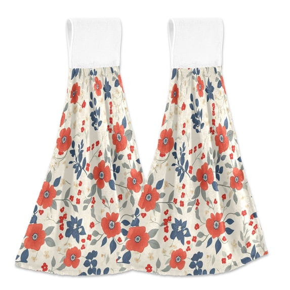 White and Red Flowers Leaves Hanging Towels with Loop Hand Towels Nylon Fastener Tape Design Dish Cloths 2 Pieces