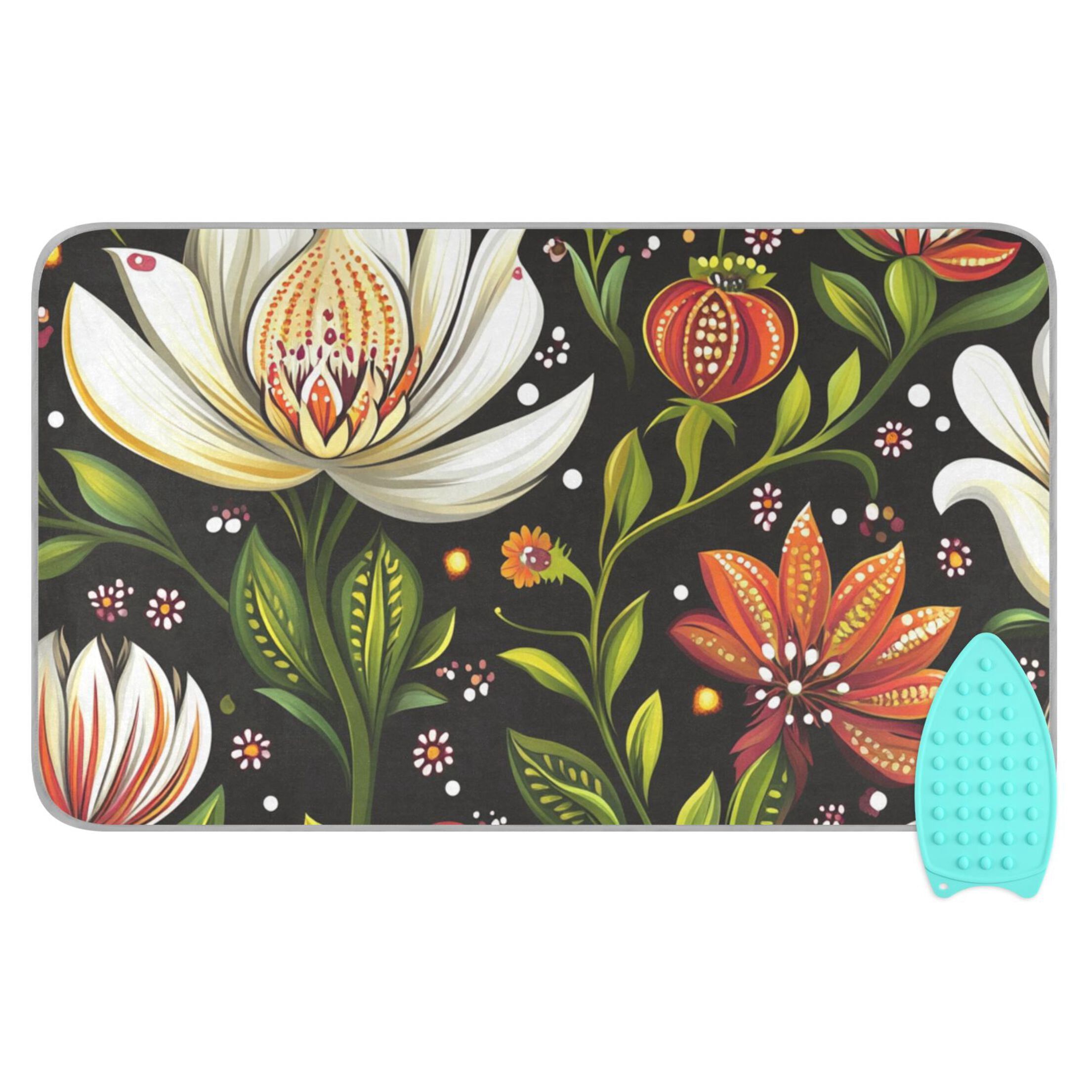 White and Red Flowers on Dark Ironing Mat Blanket for Table Top Travel Portable Ironing Board Pad 47.2x27.6 Inch