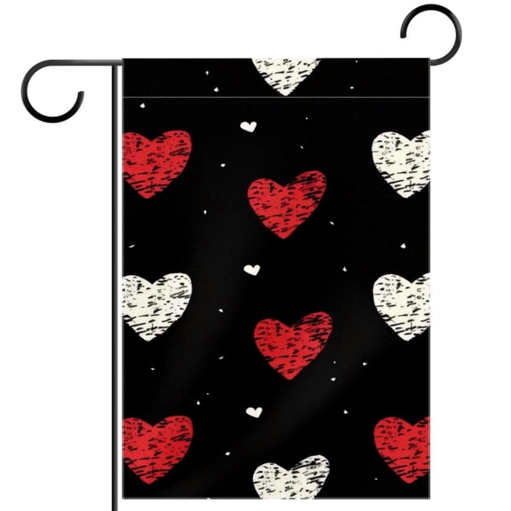 White and Red Hearts on Black Garden Flag Double Sided House Flag for Outdoor Home, Personalized All Year Round Yard Decor 12 x 18 Inch